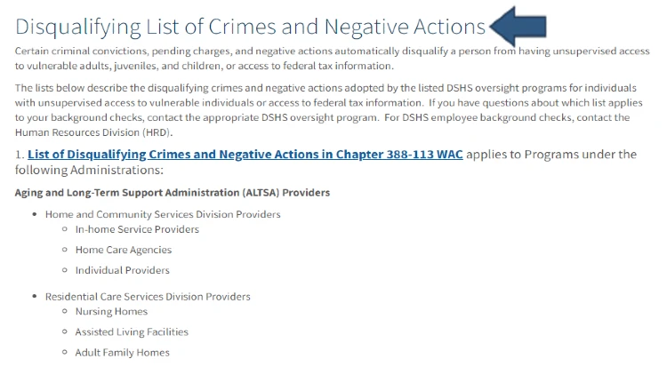 A screenshot showing certain criminal charges can negatively impact an induvial ability to work in industries such as home care, elderly care, witch children and at nursing homes. 