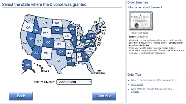 An screenshot of the USA with the "state of divorce" listed at Connecticut and to the right shows marriage certificates can be ordered by clicking continue. 