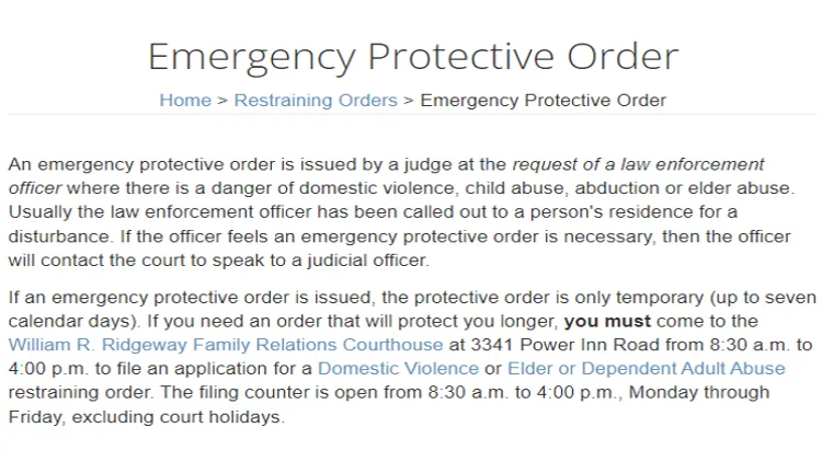 A screenshot showing the definition of an Emergency Protective Order which is where a judge issues protection at the request of law enforcement because someone is in danger, or has the potential to be in danger and it's a temporary order that lasts about 7 days. 