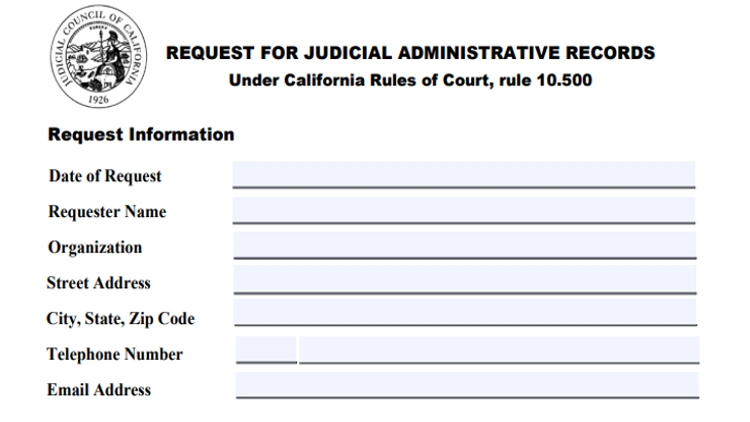 A screenshot of a form to request judicial records which includes criminal records in the state of California. 