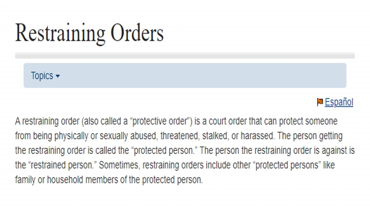 A screenshot defining what a restraining or protective order which is when a person is abused, stalked, harasses or threatened and they seek legal aid against the person to protect themselves or family members. 