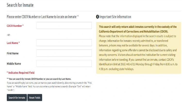 The California Department of Corrections inmate search tool where users can search for state prisoners via name or their CDCR number. 