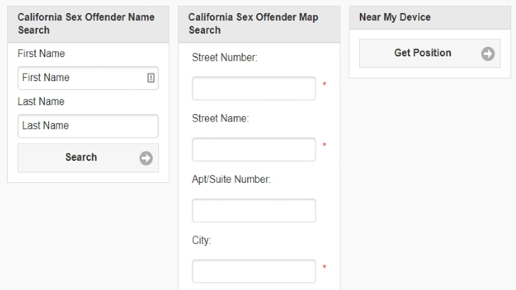 The California sex offender registry that can be used to search for sexual predators via a map, name, or nearby. 