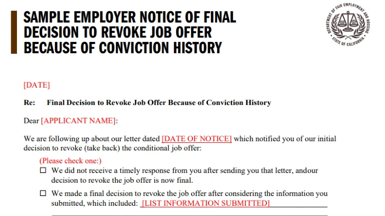 An example of a legally complying document that rescinds a job offer due to conviction history. 
