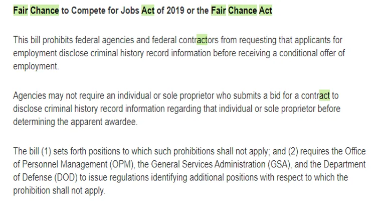 The fair chance to compete for jobs act of 2019 showing that the federal gov can not require a potential employee to reveal their criminal history before a bid or on the application. 