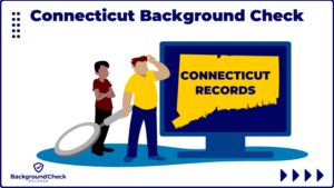 On the right is a tan man with black hair who has his arms crossed and to his right is a chubby man in a yellow shirt and blue jeans as he scratches his head looking at a Connecticut background check report that's shown on a computer minor along with other CT records and the outline of the state.