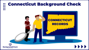 On the right, a tan man with black hair stands with his arms crossed, while beside him, a chubby man in a yellow shirt and blue jeans scratches his head, studying a background check report displayed on a computer, alongside the state map outline.