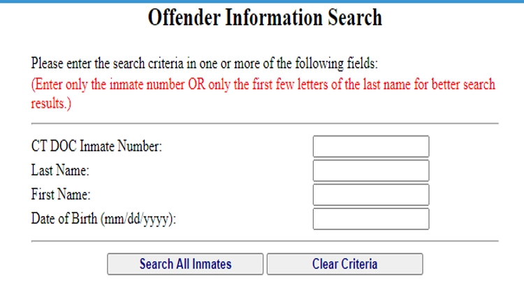 A screenshot of the CT DOC or Connecticut Department of Corrections offender or inmate search feature that can find prisoners housed in a state prison. 