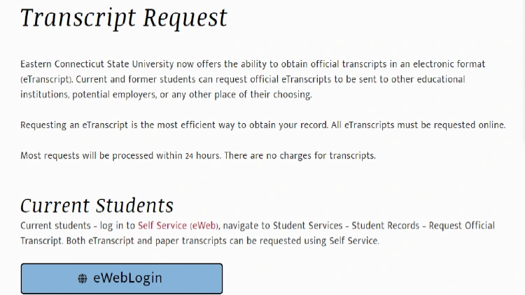A screenshot showing Eastern Connecticut State University will send transcripts to potential employers. 