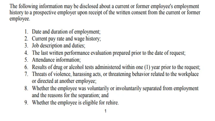 A screenshot showing what information can be revealed by former employers and includes information like the date and duration of employment, their salary and wage info, what the job entailed, performance reviews, attendance, prior years drug tests, and if the person can be rehired. 