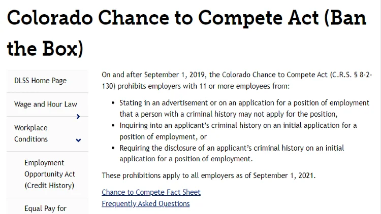 A screenshot of Colorado's Chance to Compete Act or their state specific ban the box law that prevents against discriminations based on a persons' criminal history. 