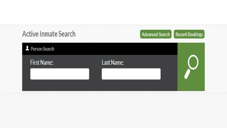 Davidson County's county sheriff's active inmate search tool with first and last name fields and a white magnifying glass on a green background. 
