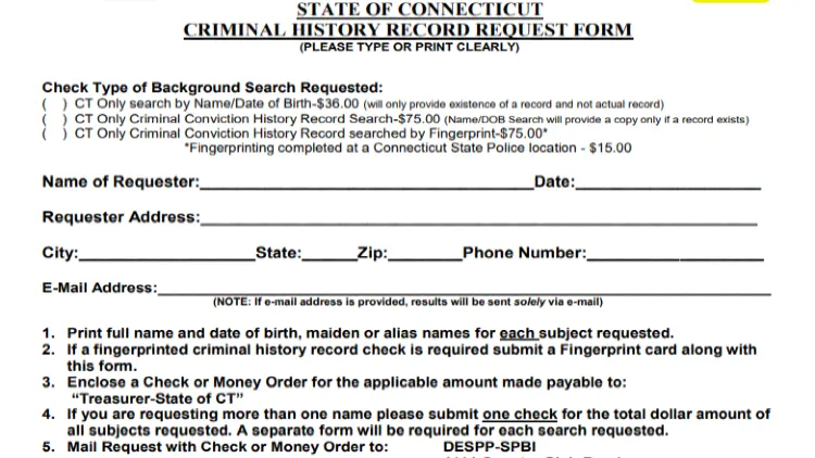 A background check request form where individuals can check their criminal history through the Connecticut State Police Bureau of Identification.