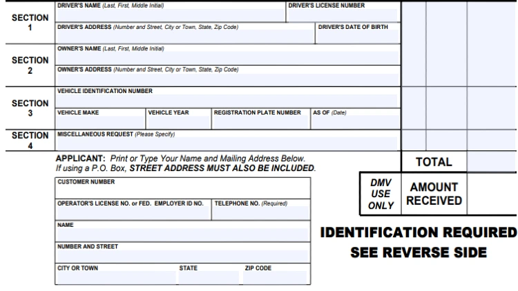 CT's DMV request form to obtain copies of driving records. 
