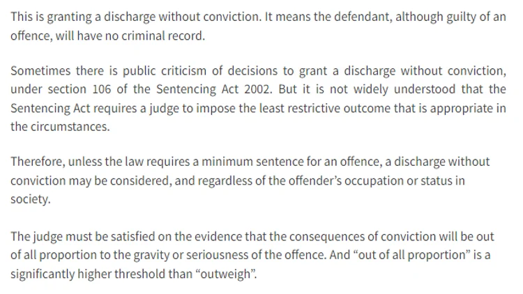 A screenshot showing charges without convictions do not produce a criminal record in most cases, and if there's no minimum sentence, then the judge can offer the least restrictive outcome being nothing if it's not a serious crime. 
