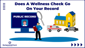 A man who is concerned about his child and grandfather is asking himself "Does a wellness check go on your record?' as he looks at a public record search screen that has a grey magnifying glass hovering over it, and to his right is an ambulance and police vehicle in front of a yellow and blue house performing a wellness, or welfare check.