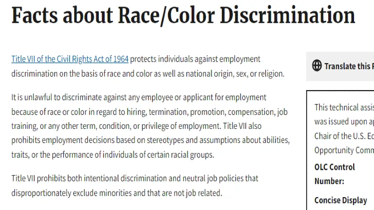 A screenshot showing the EEOC helps protects against discrimination when it comes to employment and they cover race, color, nationality, sex and religion. 