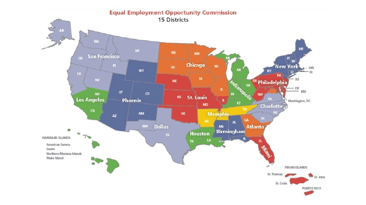 A screenshot showing the Equal Employment Opportunity Commissions 15 districts bundled by colors such as dark blue, light blue, green, red, orange, and yellow. 