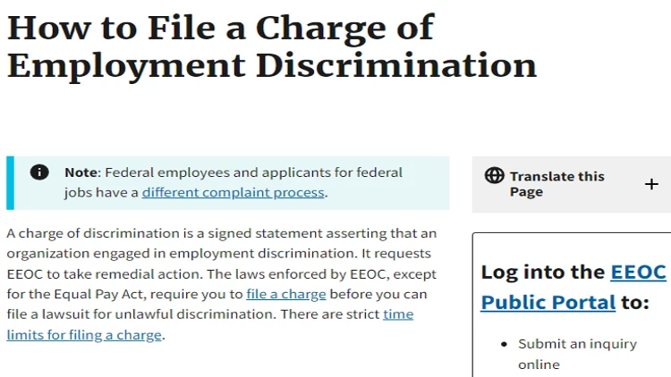 A screenshot of the EEOC on how to report employee or employment discrimination. 