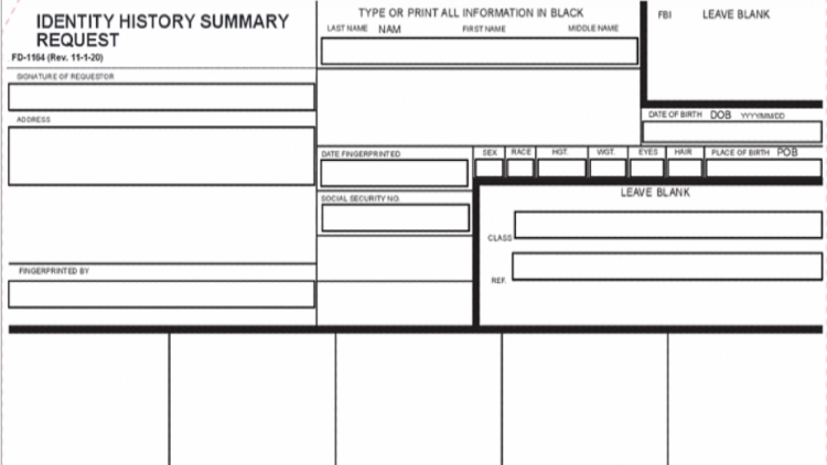 A screenshot from the official website of the FBI showing the pdf file of the identity history summary request form.