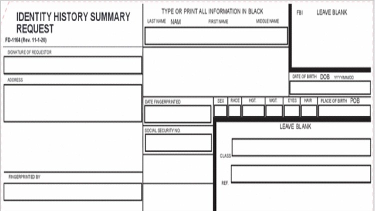 A screenshot from the official website of the FBI showing the identity history summary request form.