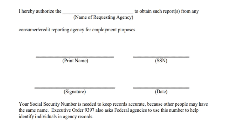 An example of how a credit check consent form looks so employers can look up someone's credit history. 