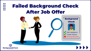 A woman in HR is wearing a black jumper suite and she is shaking another gentleman's hand farewell after taking adverse action due to a failed background check after job offer and there's a magnifying glass, and background check report with a failed credit history and driving records to her right.