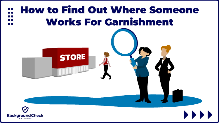 A mom in a blue business jacket learned how to find where someone works for garnishment so she's holding a blue magnifying glass to preform the search and to her left is an employee who may be her non-custodial parent walking into their job that has a large red banner across it and there's another woman in a black business skirt suite who's also looking for the person she loaned money to.