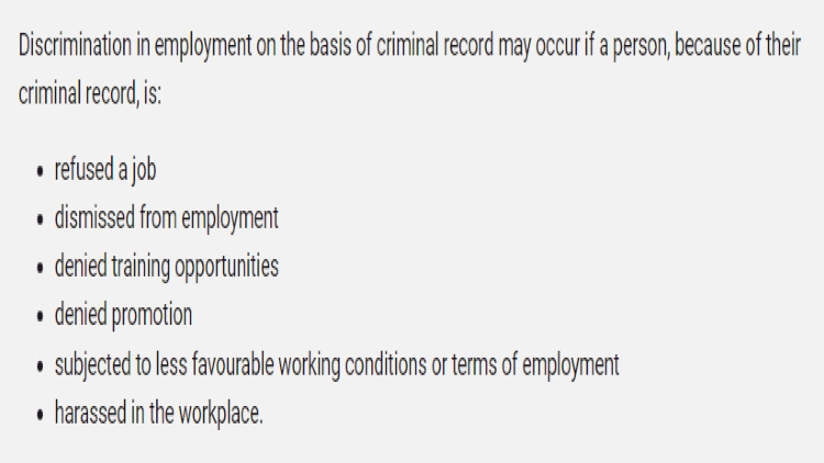 A screenshot showing that discrimination can come in many forms in the work place and during the hiring process such as when refused a job, fired, chances for training are denied, and promotions are denied. 