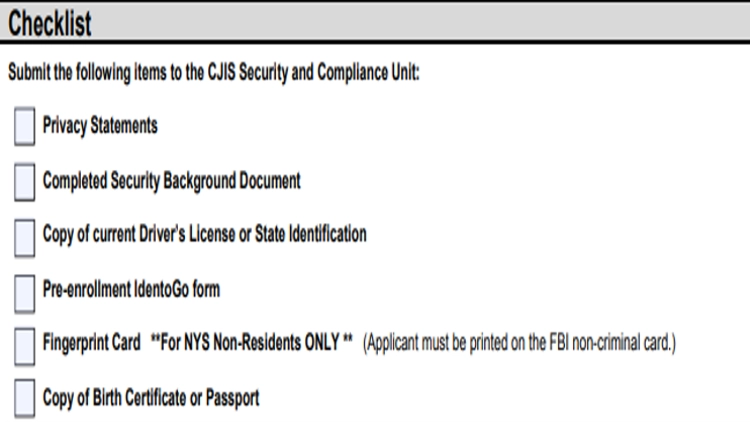 A screenshot of a hiring checklist that has boxes for privacy statements, a background check being done, a copy of their drivers license was made, and a copy of their birth certificate or passport was made too. 