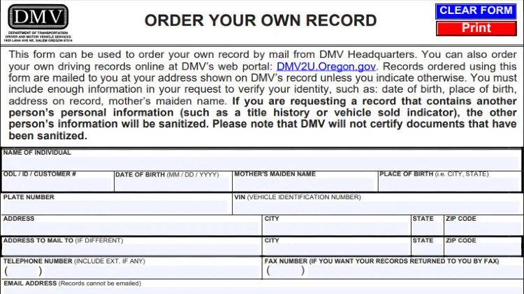 A screenshot of a form from the Oregon DMV where residents can request their own driving record. 