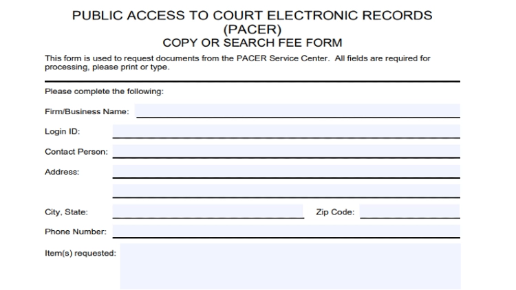 A PACER form to request federal records and it has fields such as business name, login ID, contact information and public record requested. 