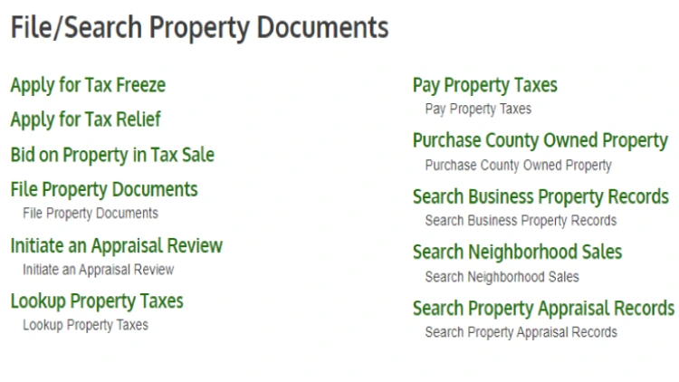 A screenshot showing what type of records the Shelby County Clerks' office can provide such as tax records on properties, appraisal information, and other property related information. 
