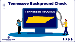 A red haired man on the left is wearing a yellow shirt, blue jeans, and holding a grey magnifying glass since he's inspecting his Tennessee background check report that's behind a computer monitor with the state of Tennessee outlines on it, and there's a woman in a blue shirt and black pants on the left side of the monitor.
