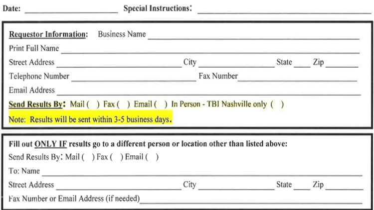 A background check request form that has fields for the requesters information such as name, address, number, and email. 