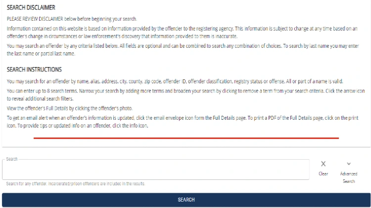 Screenshot of the TN sex offender registry, their disclaimer and search instructions. 