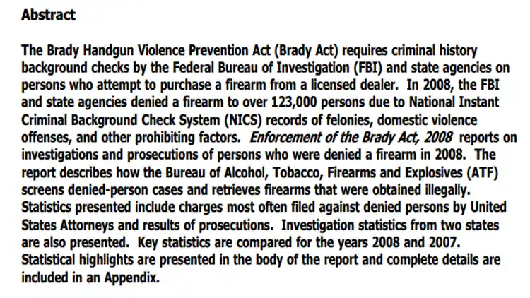 A screenshot of the Brady Act that prohibits someone from purchasing a gun or firearm if they have a protective order against them. 