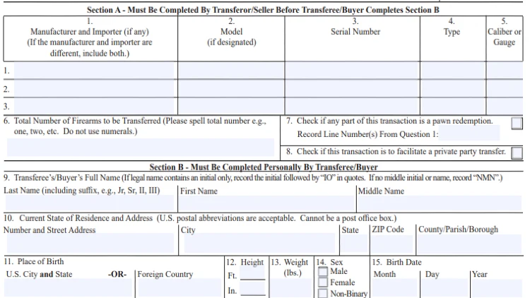 A firearm transfer and selling form that tracks the manufacturer, model, serial number type of gun, and the seller and purchasers info. 