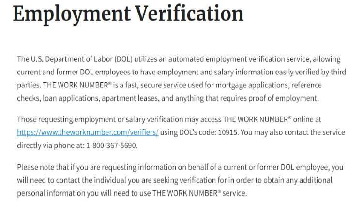The DOL or Department of labor showing that employment verification can be done through The Work Number website, or by phone at 1.800.367.5690.