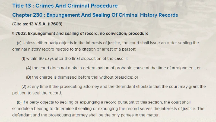 A screenshot of Title 12, Chapter 230 that says dismissed cases will be sealed within 60 days of disposition. 