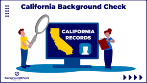 A man in a yellow shirt and blue jeans want's to run a California background check as he holds a grey magnifying glass over a computer monitor that has California public records on it and the state outline, and another woman is to his right holding a clipboard and her hair is in a bun.