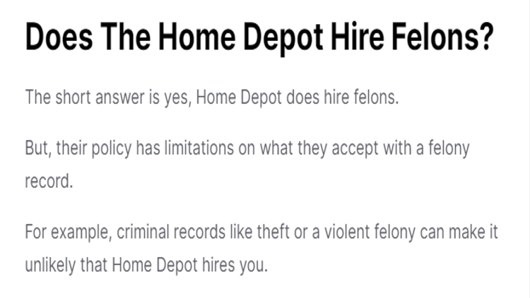 A screenshot showing that the question of does home depot hire felons and the answer is yes, but it depends on the type of felony. 
