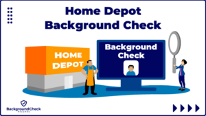 An orange home improvement store is on the left, and another man in an orange apron is standing outside of it while to his right a woman in a blue coat is holding a grey magnifying glass that's pointed towards a Home Depot background check report that's displayed on computer monitor alongside an applicants' portrait.