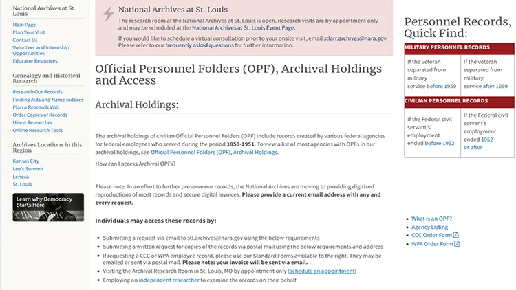 A screenshot from the national archives website's official personnel folders, archival holdings and access page showing how individuals may access the records.