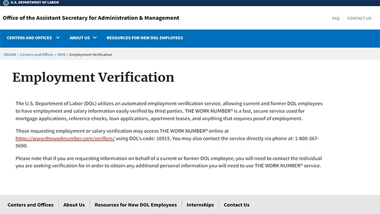 A screenshot from the united states department of labor website's employment verification page.