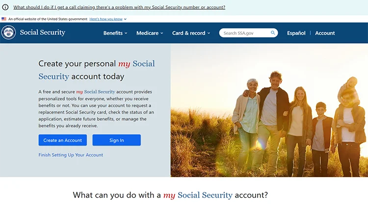 A screenshot from social security account website's homepage showing the create an account, and sign in buttons.