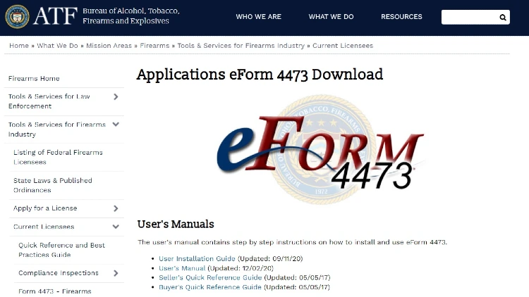 A screenshot of the Bureau of Alcohol, Tobacco, Firearms, and Explosives page showing where the eForm 4473 can be downloaded.