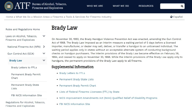 A screenshot of the Brady Law page from the Bureau of Alcohol, Tobacco, Firearms, and Explosives.
