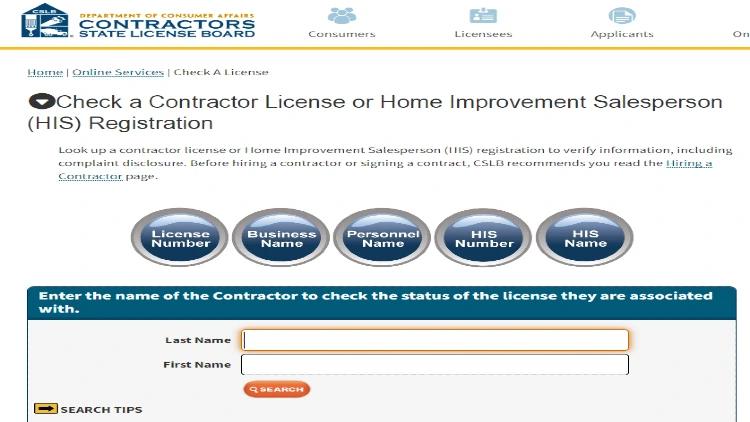 California Check a Contractor License website, featuring a search form with input fields for license number, name, the website's logo appears in the top left corner, and various links and information are displayed in the navigation bar at the top of the page.