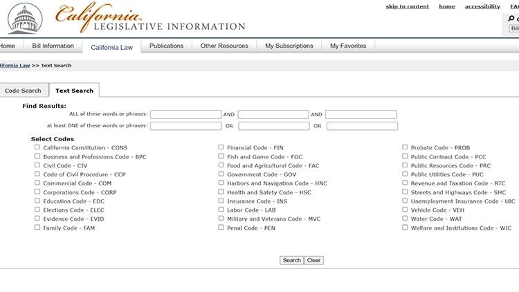 A screenshot from the official website of California Legislative Information's California law text search page showing a criterion for finding results, as well as checkboxes to select codes.